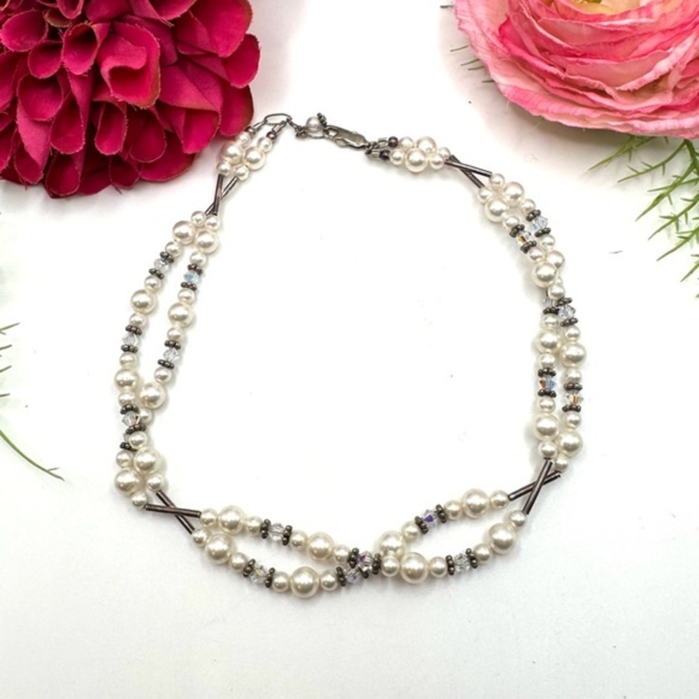 VINTAGE⚜️STERLING SILVER Glass Pearl Beaded Necklace